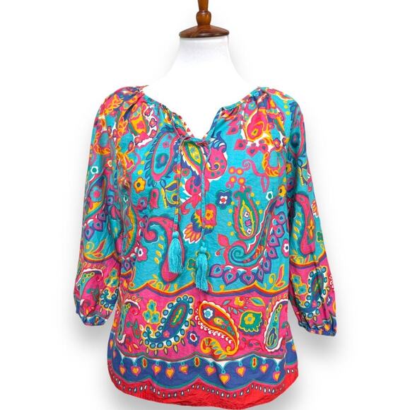 🍀Talbots Colorful Paisley Cotton Blouse Tassel Neck Boho Lightweight Size Small - Picture 1 of 7